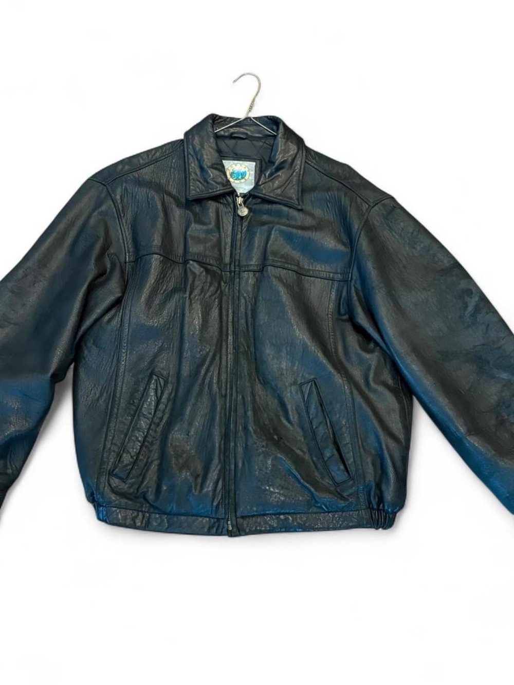 Vintage Forest Club Men's Black Leather Bomber Jacket Full Zip Point Collar M